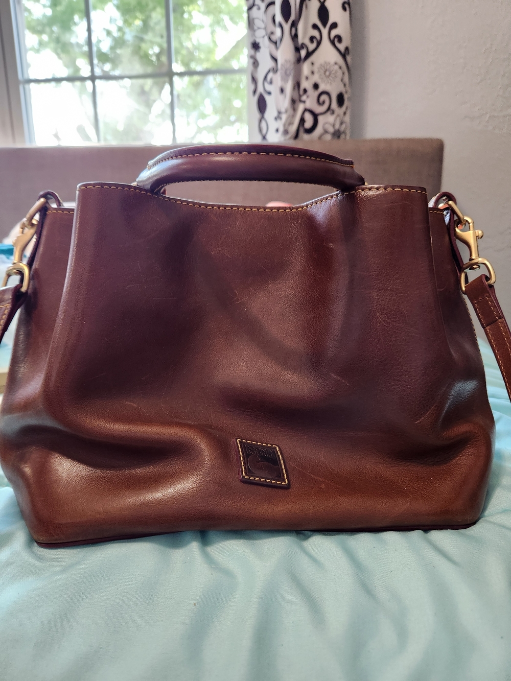 Dooney & Bourke Dark Brown Leather Satchel with Gold-Tone Hardware